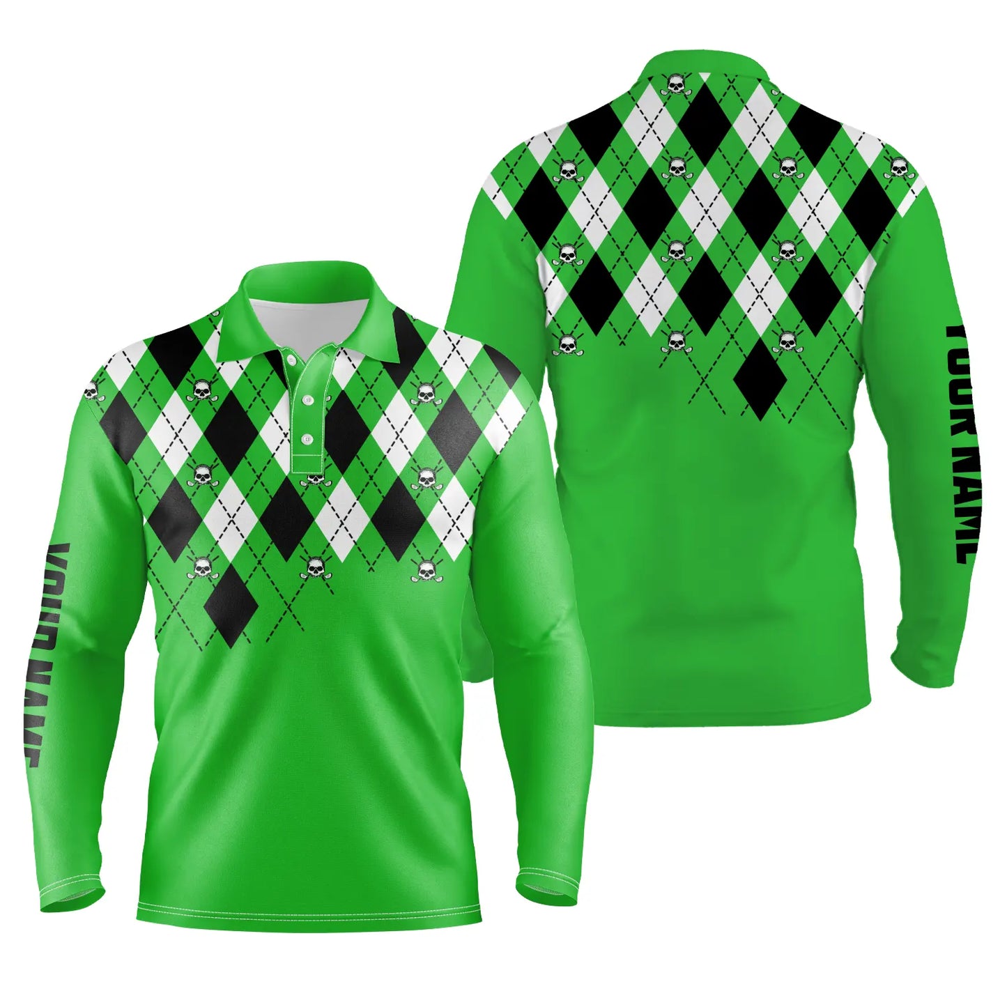 Mens golf polo shirt plus size green argyle plaid golf skull pattern custom name mens green golf tops NQS4966