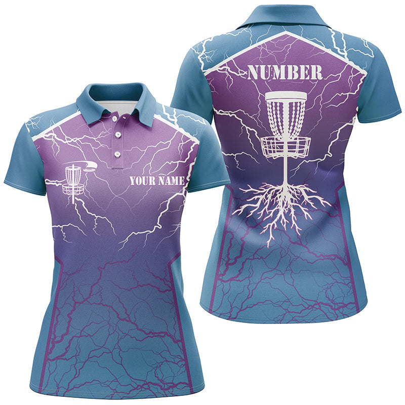 Blue purple Womens Disc golf polo shirt lightning thunder custom disc golf jerseys, Disc golf shirt NQS7318