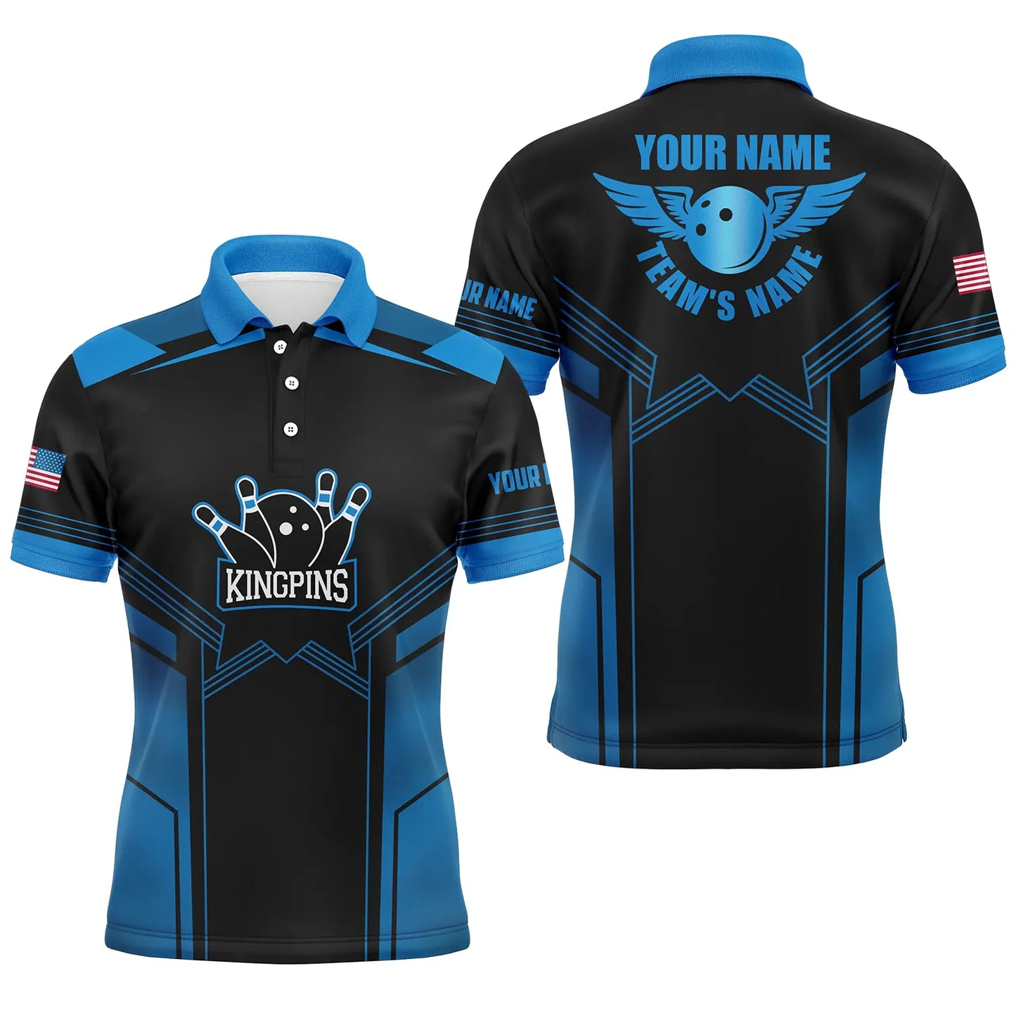 Custom Blue black bowling shirt for men – personalized team jersey front view