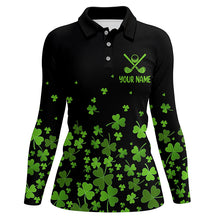 Load image into Gallery viewer, Womens golf polos shirts custom green clover St Patrick's Day black pattern golf polos shirt NQS7183
