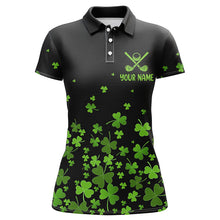 Load image into Gallery viewer, Womens golf polos shirts custom green clover St Patrick's Day black pattern golf polos shirt NQS7183