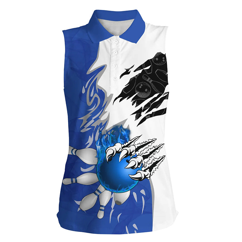 Bowling sleeveless polo Shirt for women bowling ball pins Jerseys flame bowling shirt | Blue NQS6460