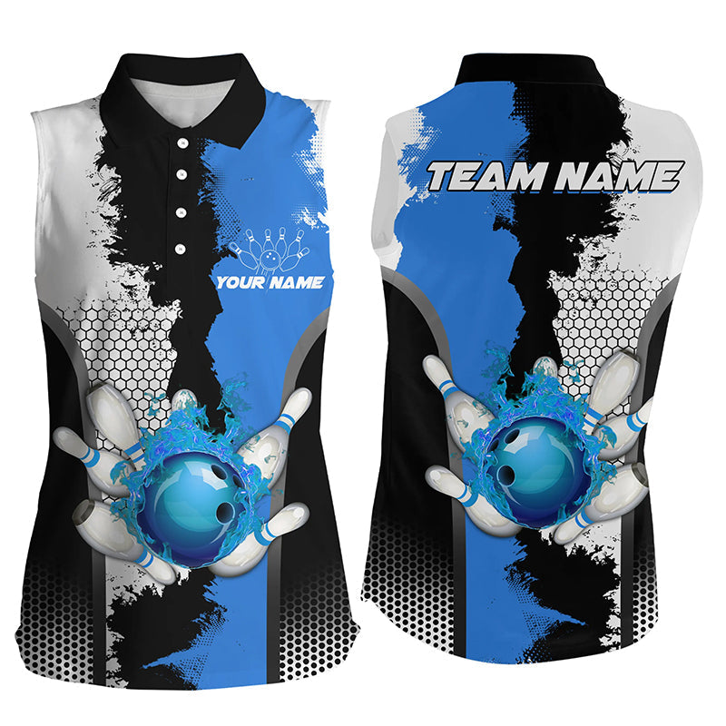 Black white bowling fire league jerseys custom Women sleeveless Polos Shirts, gifts for bowler | Blue NQS7189