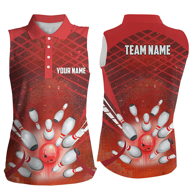 Women Bowling sleeveless Polos Custom Red light bowling ball and pins Team Jersey, gift for Bowlers NQS7081