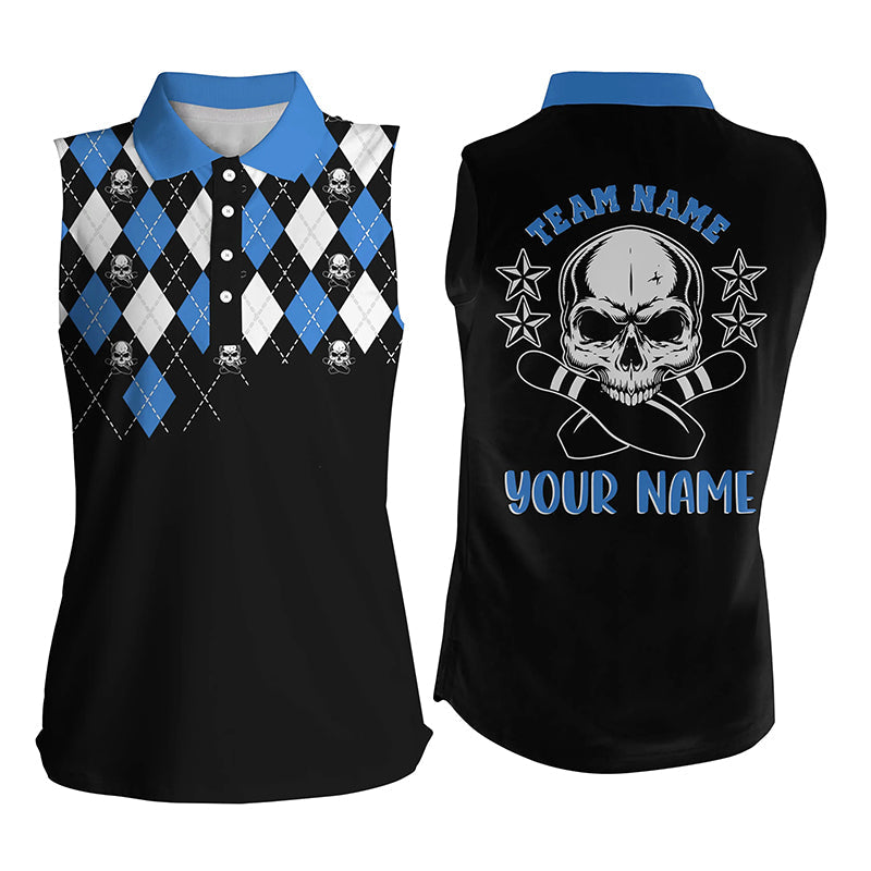 Black blue argyle pattern bowling skull custom bowling Sleeveless polo shirts women, bowling jersey NQS6917