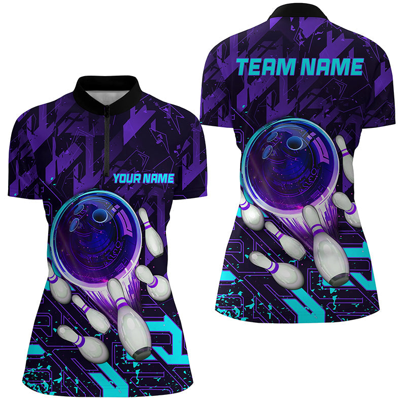 Womens Quarter Zip shirts Custom purple blue abstract Bowling Team league Jerseys, bowling gifts NQS7096