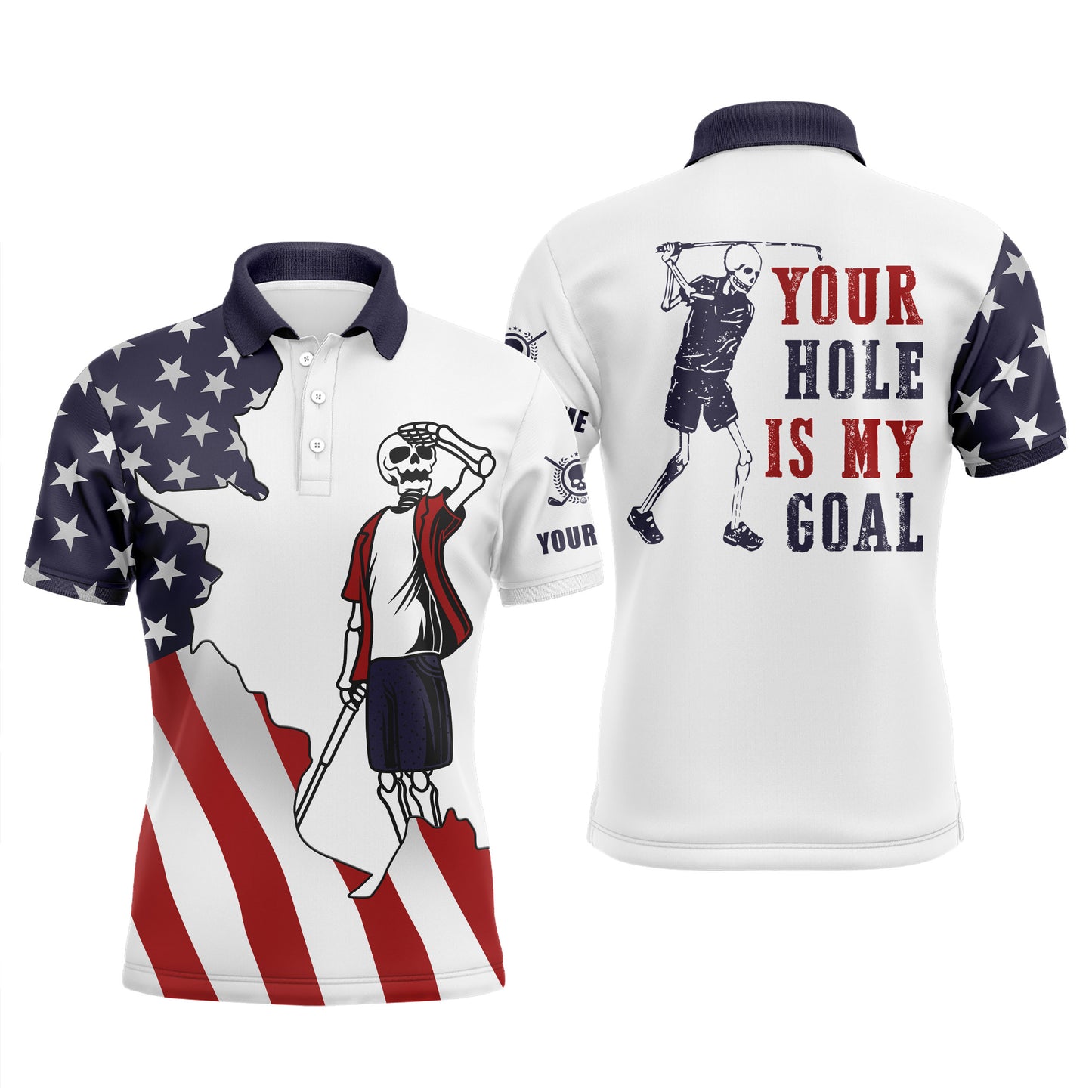 American flag patriotic Mens golf polos shirts custom name funny golf skull your hole is my goal NQS5095