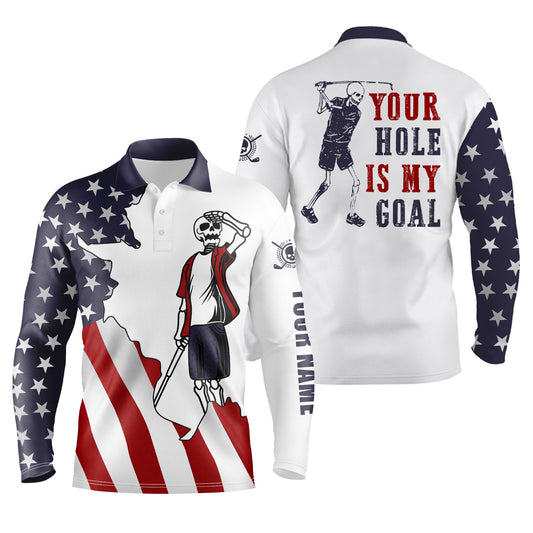 American flag patriotic Mens golf polos shirts custom name funny golf skull your hole is my goal NQS5095