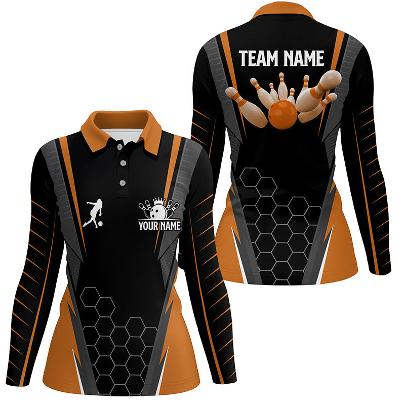 Black Women's Polo Bowling Shirt Custom Name Ladies Bowlers Jersey, team bowling outfits | Orange NQS6503