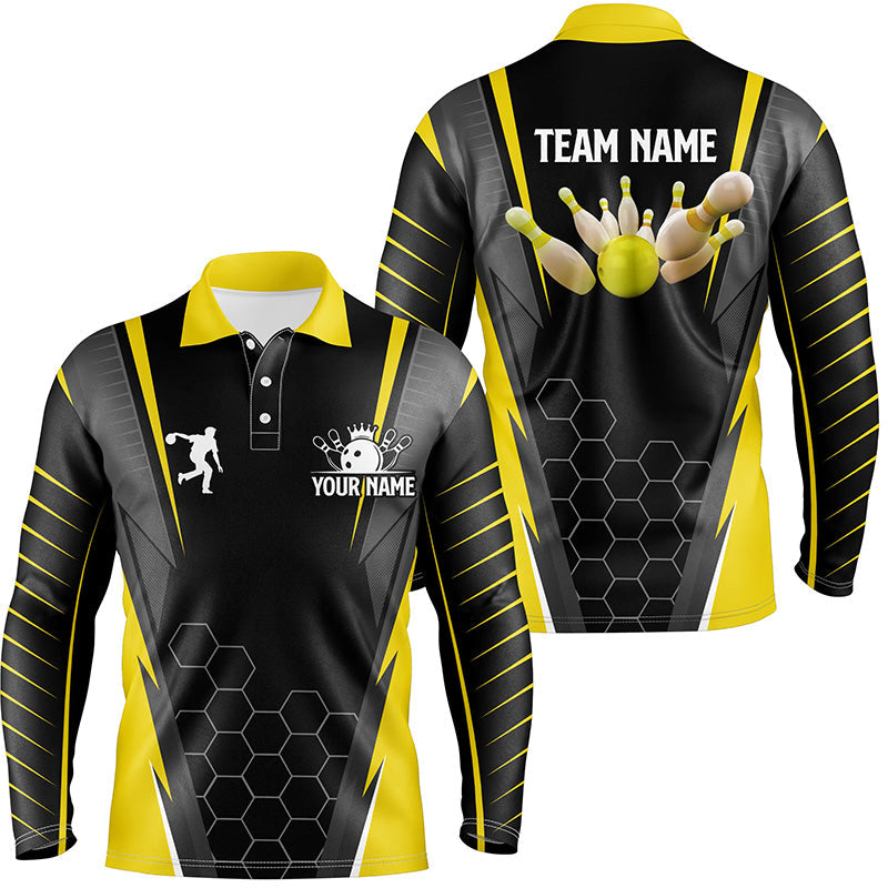 Black Men's Bowling polo Shirt Custom Name mens Bowlers Jersey, team bowling outfits | Yellow NQS6504