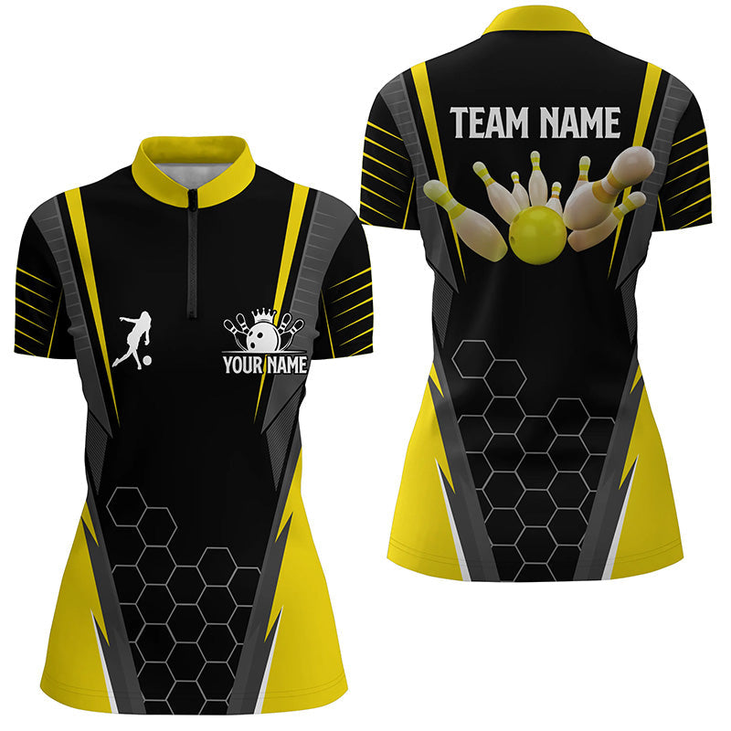 Black Women's Bowling Shirt Quarter-Zip Custom Ladies Bowlers Jersey, team bowling outfits | Yellow NQS6504