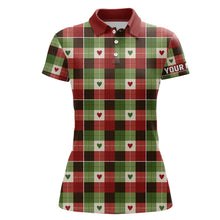 Load image into Gallery viewer, Women golf polo shirts custom green & red Flat christmas plaid pattern shirts for ladies, golfer gifts NQS6584