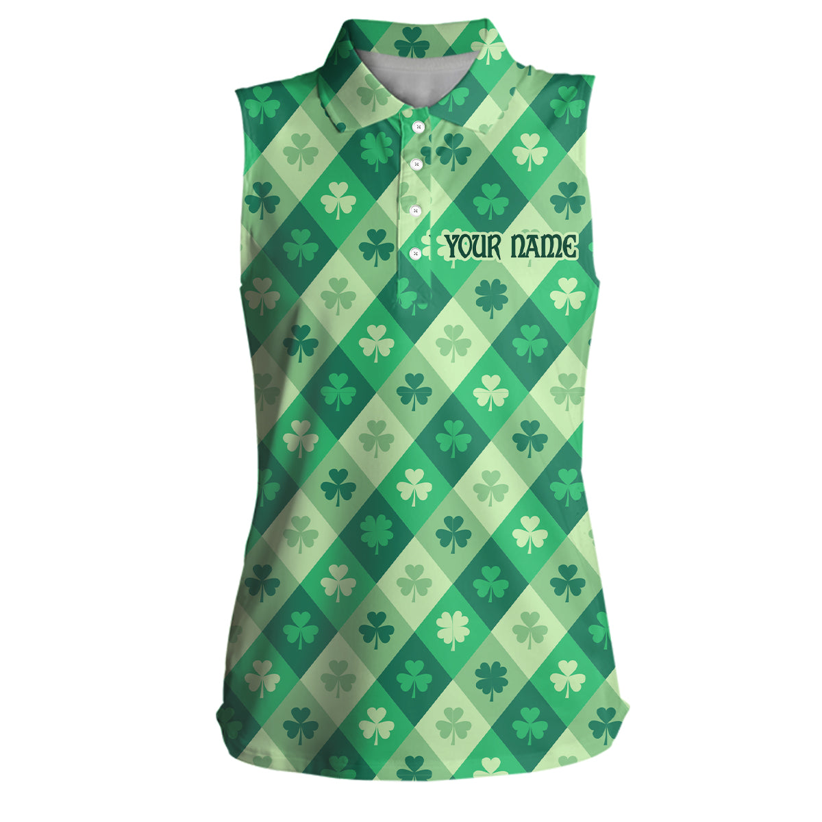 Funny Womens sleeveless polo shirt custom green clover pattern St Patrick's Day golfing gifts NQS6862