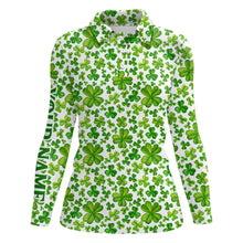 Load image into Gallery viewer, Womens golf polos shirts Watercolor green clover St Patrick's Day pattern custom team golf polos NQS7181