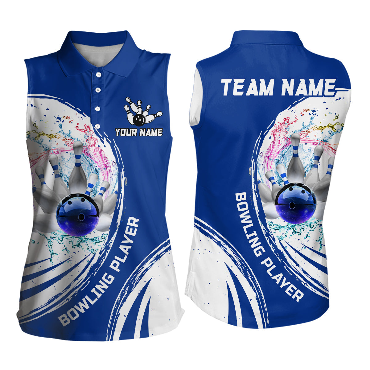 Women sleeveless Polos Custom water bowling ball pins Bowling Team Jersey, gift for Bowlers | Blue NQS7194