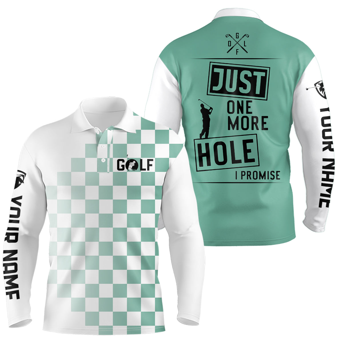 Green and white Mens golf polo shirts custom Just one more hole I promise golf attire for mens NQS6906