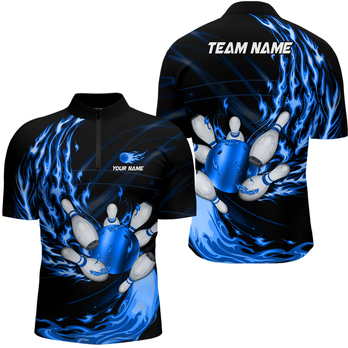 Men's bowling Quarter Zip shirts Custom blue flame Bowling ball and pins Team league bowler Jerseys NQS6977