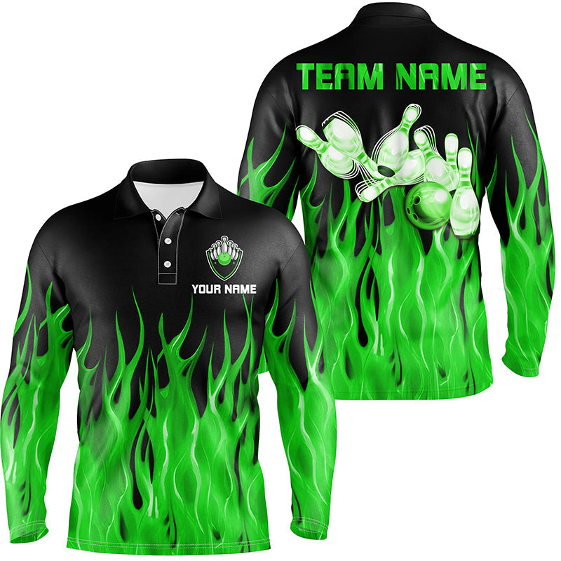 Personalized Men polo Bowling Shirt Green Flame Bowling Ball Pins bowling jerseys for men Bowler NQS7303