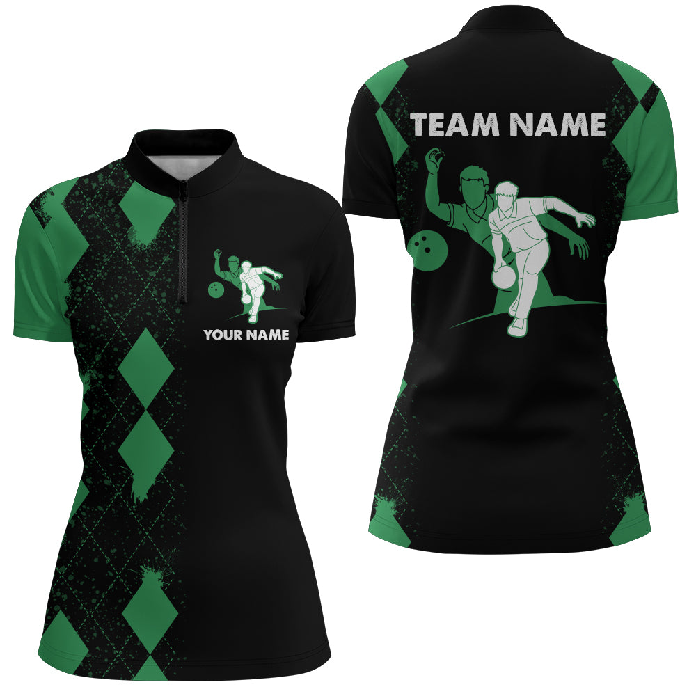 Personalized Bowling Shirt for Women Quarter-Zip, Custom Name Ladies Green&Black Team Bowling Shirt NBZ162