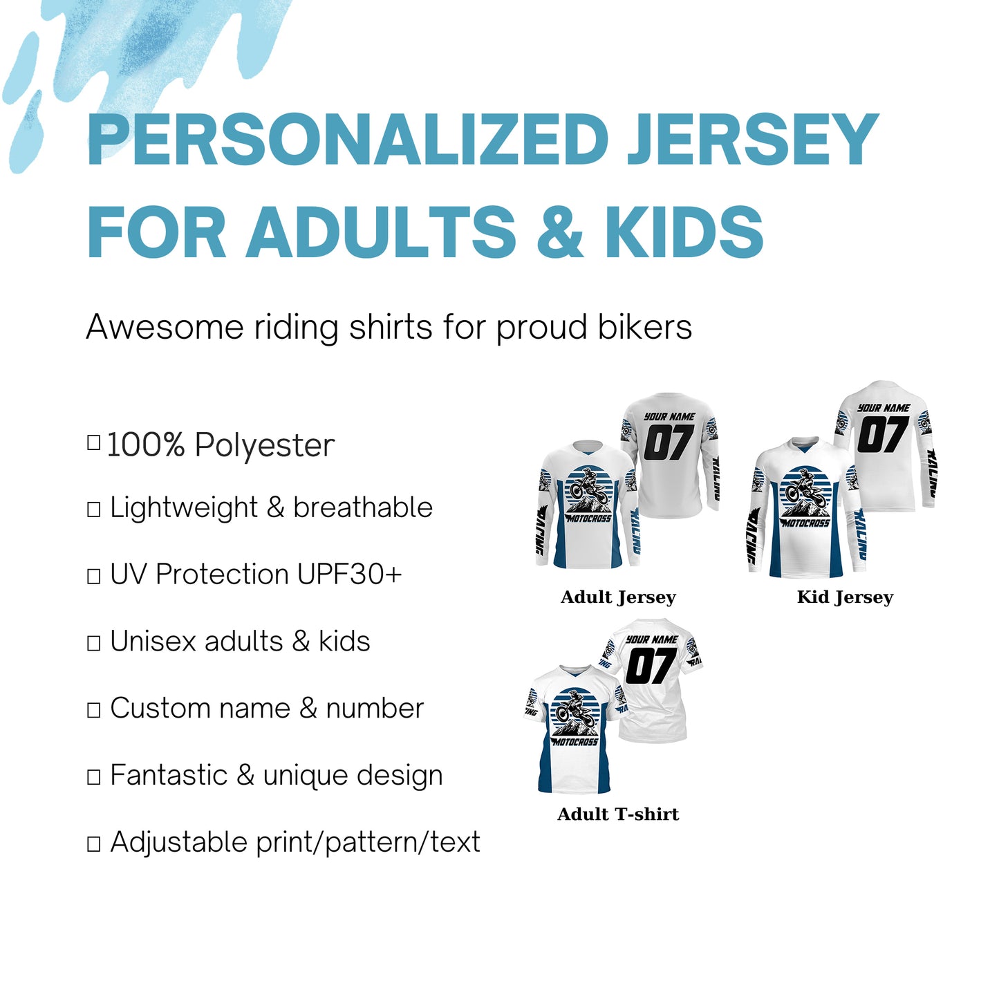 Personalized MX off-road jersey blue and white Motocross kid&adult UPF30+ biker racing off-road PDT184