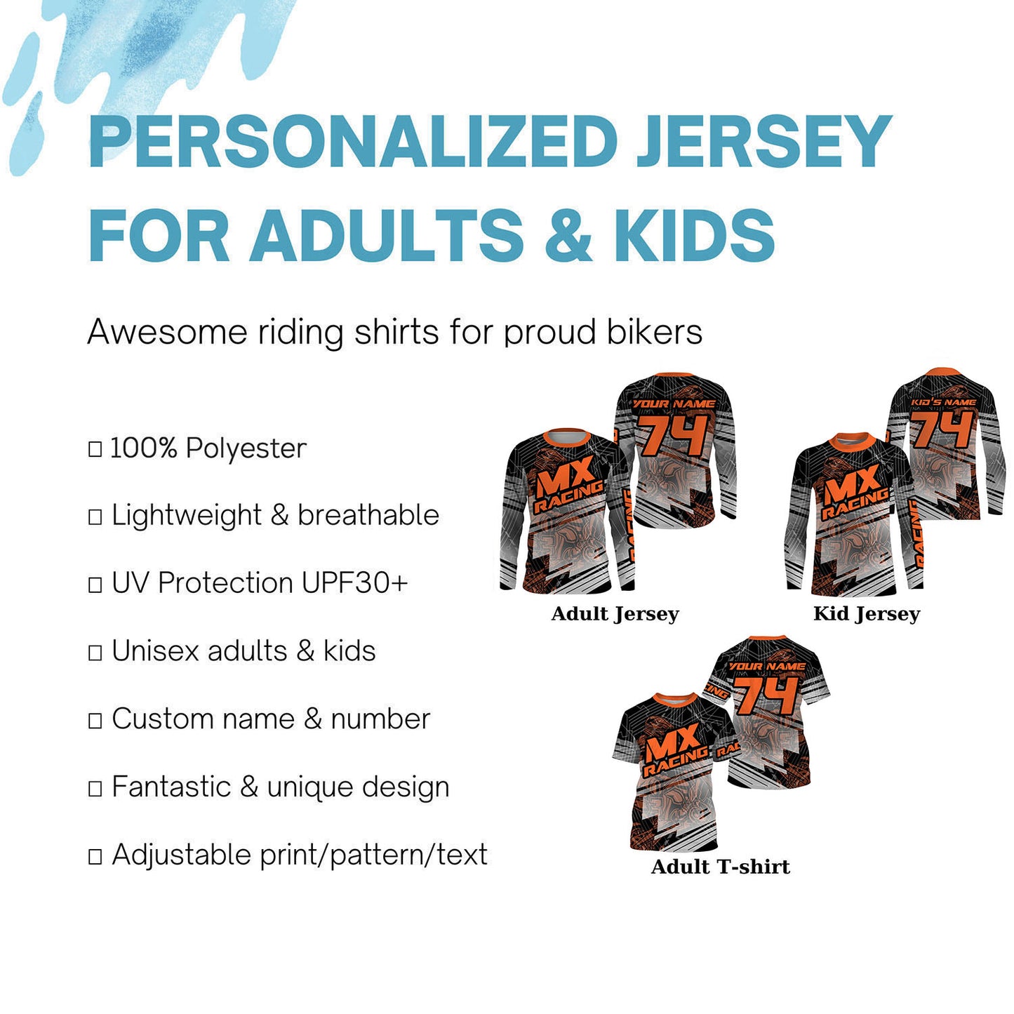 Youth men orange personalized Motocross riding jersey dirt bike off-road shirt UPF30+ motorcycle PDT131