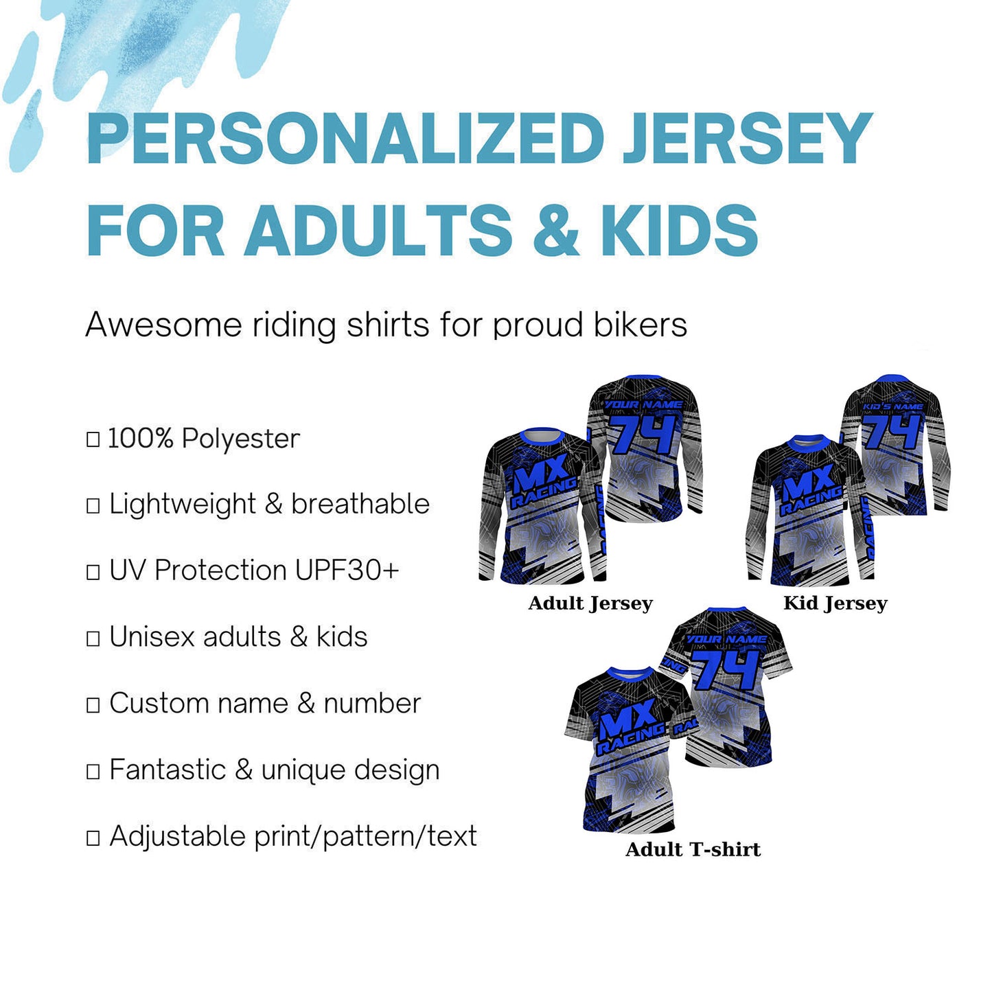 Custom Blue Dirt Bike Jersey Youth Men Women UPF30+ Motocross Racing Shirt Motorcycle MX Off-Road PDT381