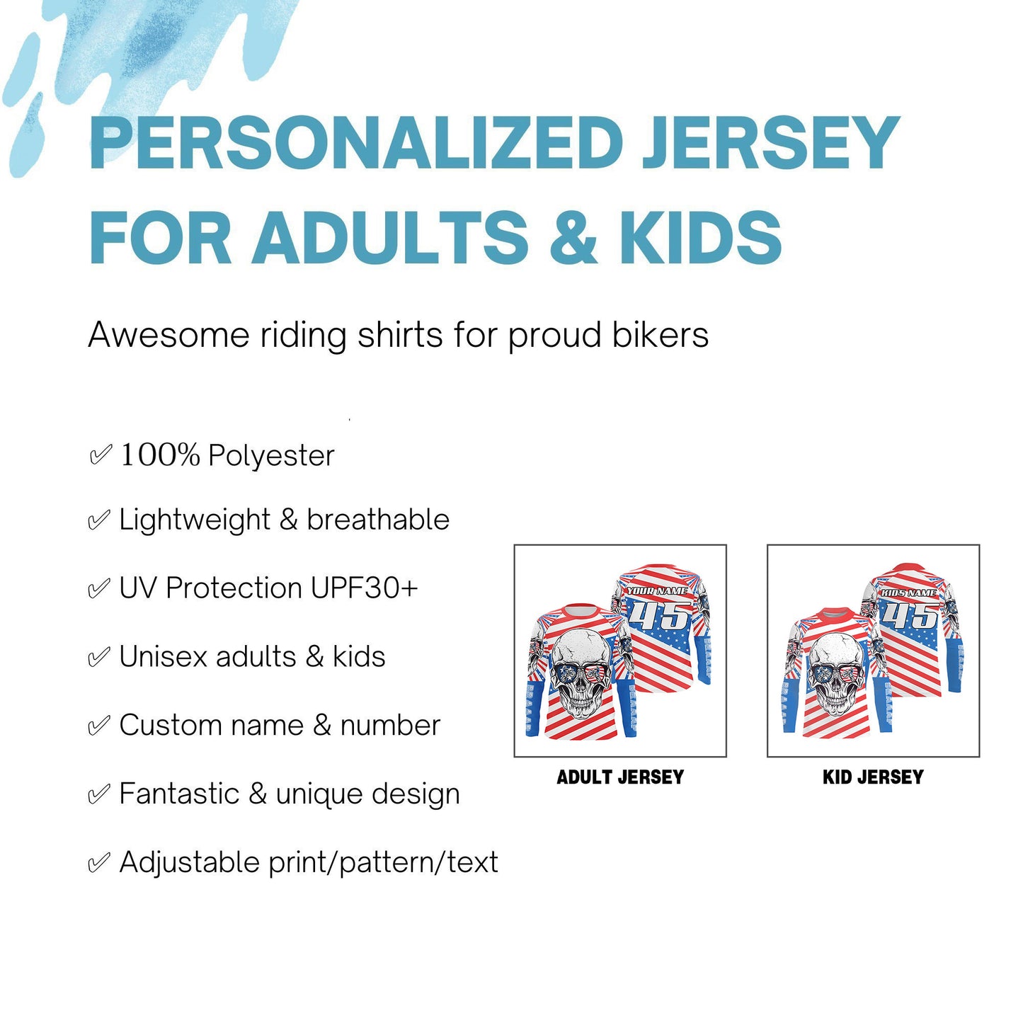 US flag skull personalized motocross jersey Patriotic dirt bike long sleeves kid adult motorcycle NMS1048