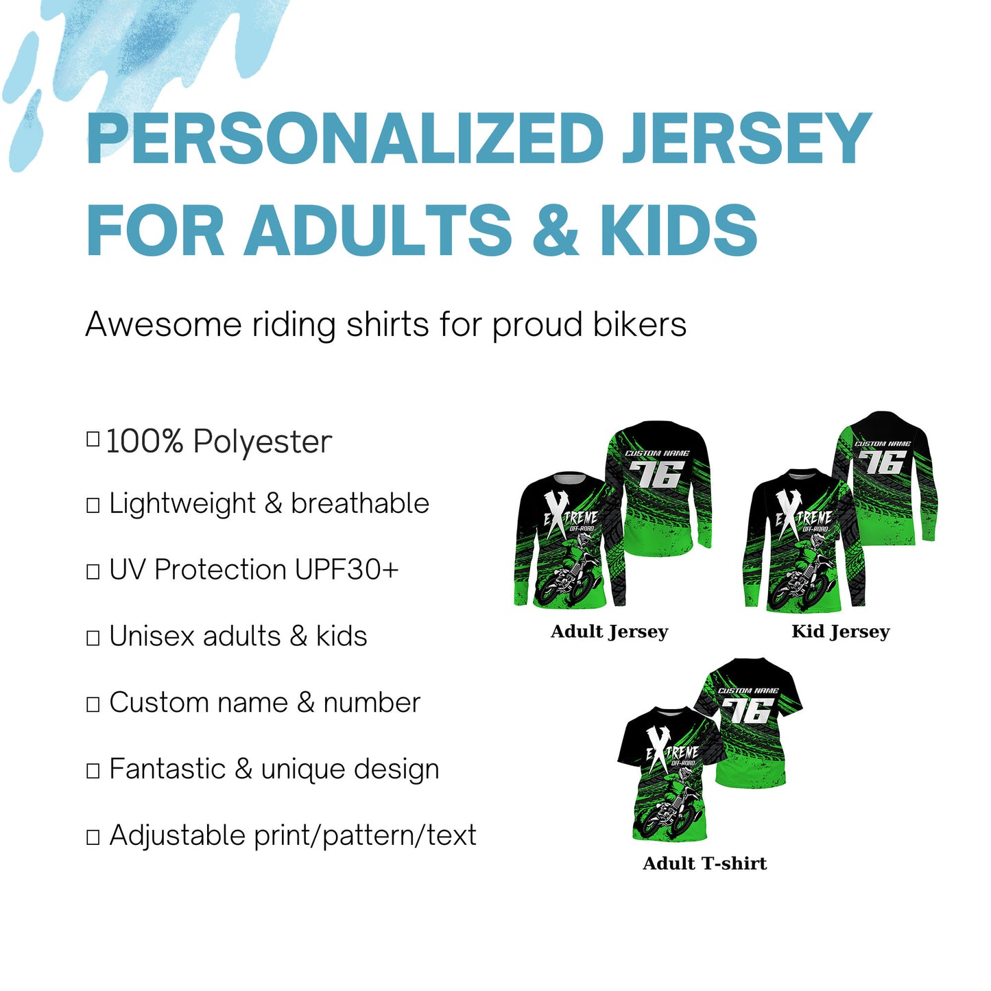 Personalized extreme MX racing jersey kid men women green Motocross shirt UPF30+ motorcycle biker PDT309