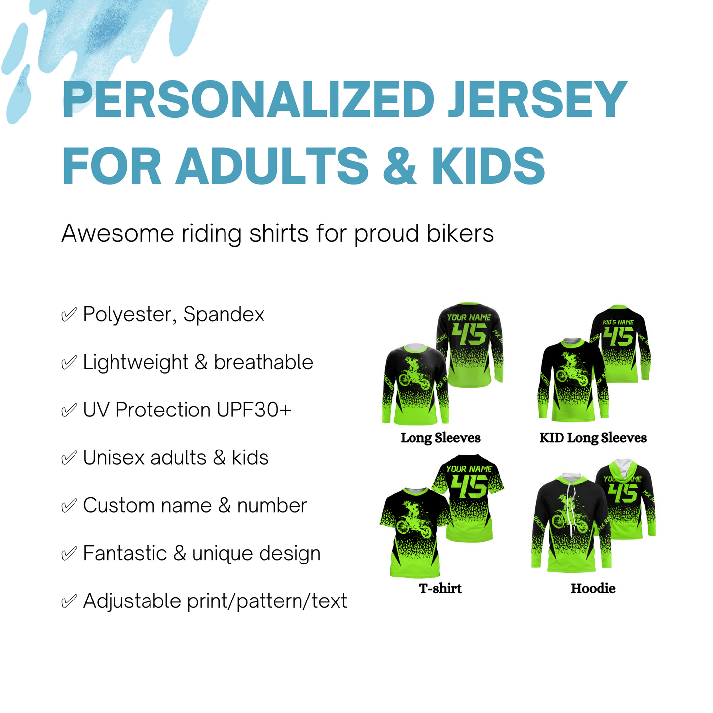 MX Racing Jersey Personalized Motocross UPF30+ Adult&Kid Green Dirt Bike Riders Off-road Motorcycle| NMS676