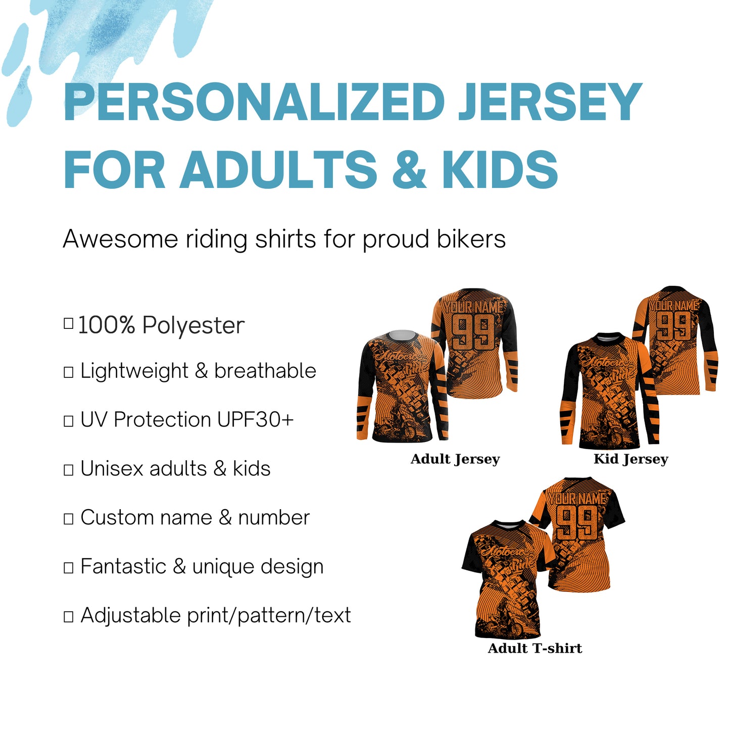 Kids Men custom orange dirt bike jersey Motocross MX racing UPF30+ motorcycle off-road shirt PDT158