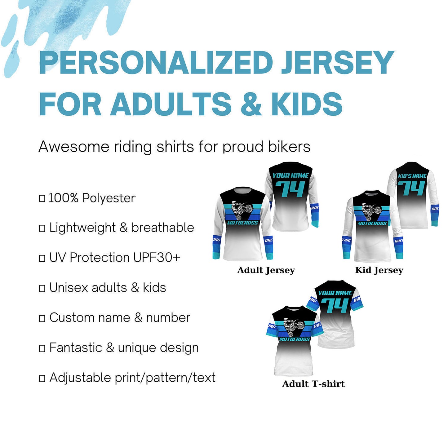 Kid men women jersey Motocross blue white custom dirt bike UV MX off-road motorcycle racing shirt PDT174