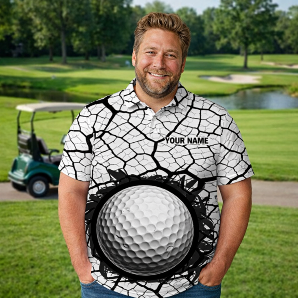 Golf Ball Breaking Polo Shirt, Black And White Cracking Pattern Polo Shirt, Best Golf Gift For Men NBT542