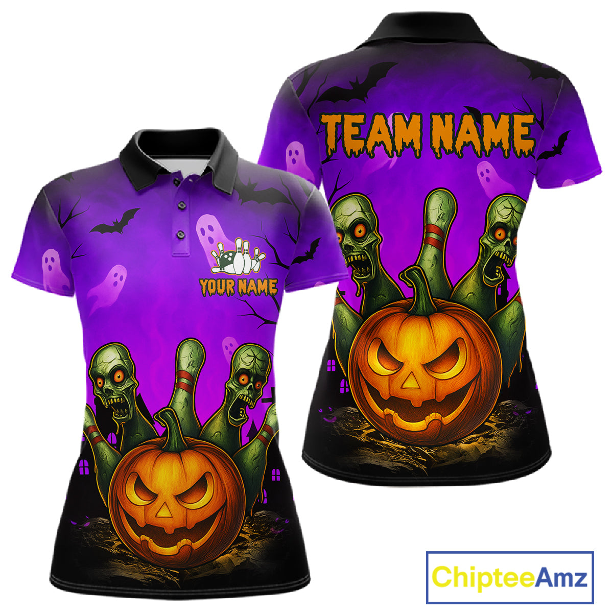 A Halloween-themed short-sleeve polo shirt shown from both front and back on a white background. The design features a purple sky with ghosts, bats, a large orange jack-o'-lantern, and green zombie hands reaching up.