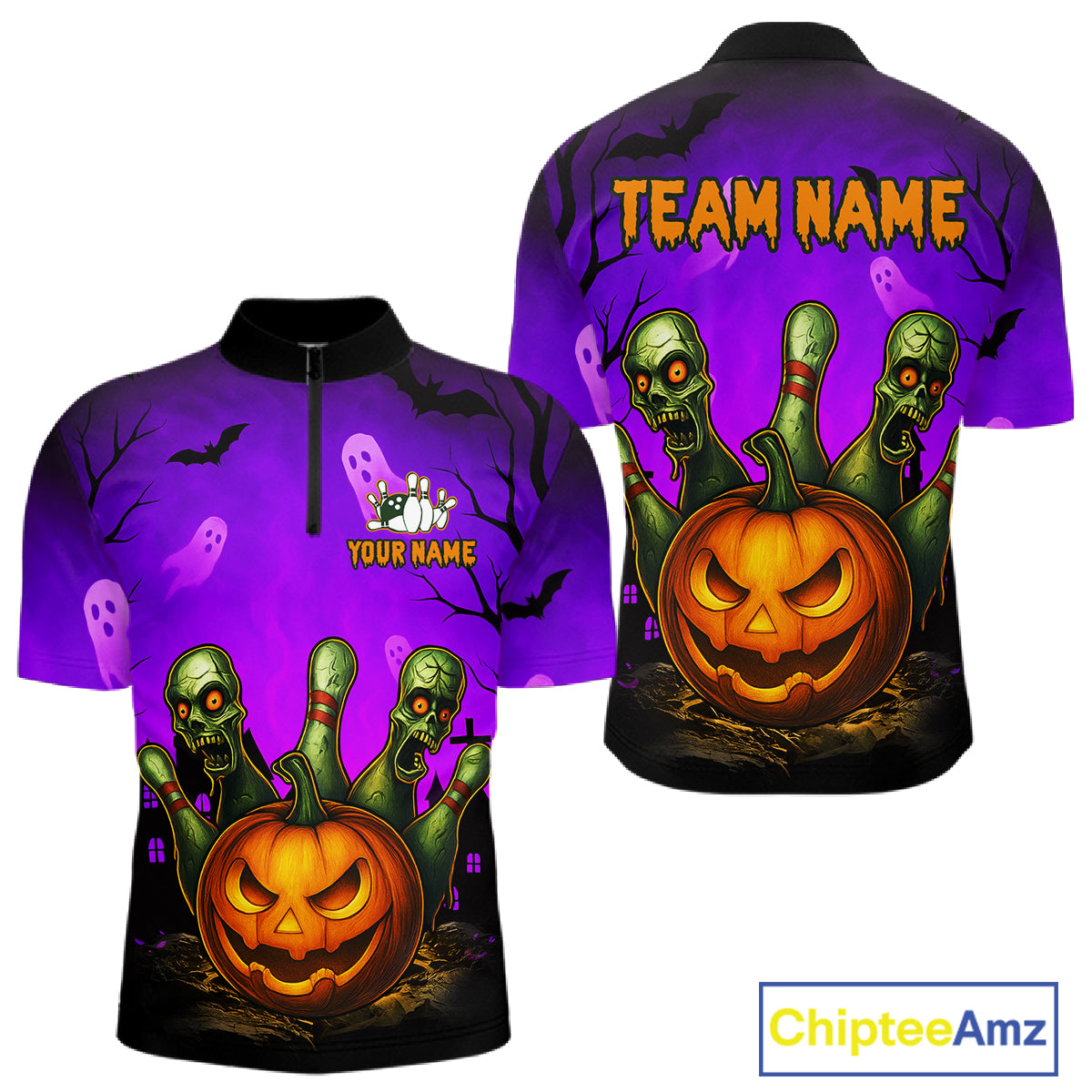 Front and back views of a short-sleeve Halloween-themed cycling jersey on a white background. The jersey features a purple background with a jack-o'-lantern, green zombie fingers, and customizable text placeholders.