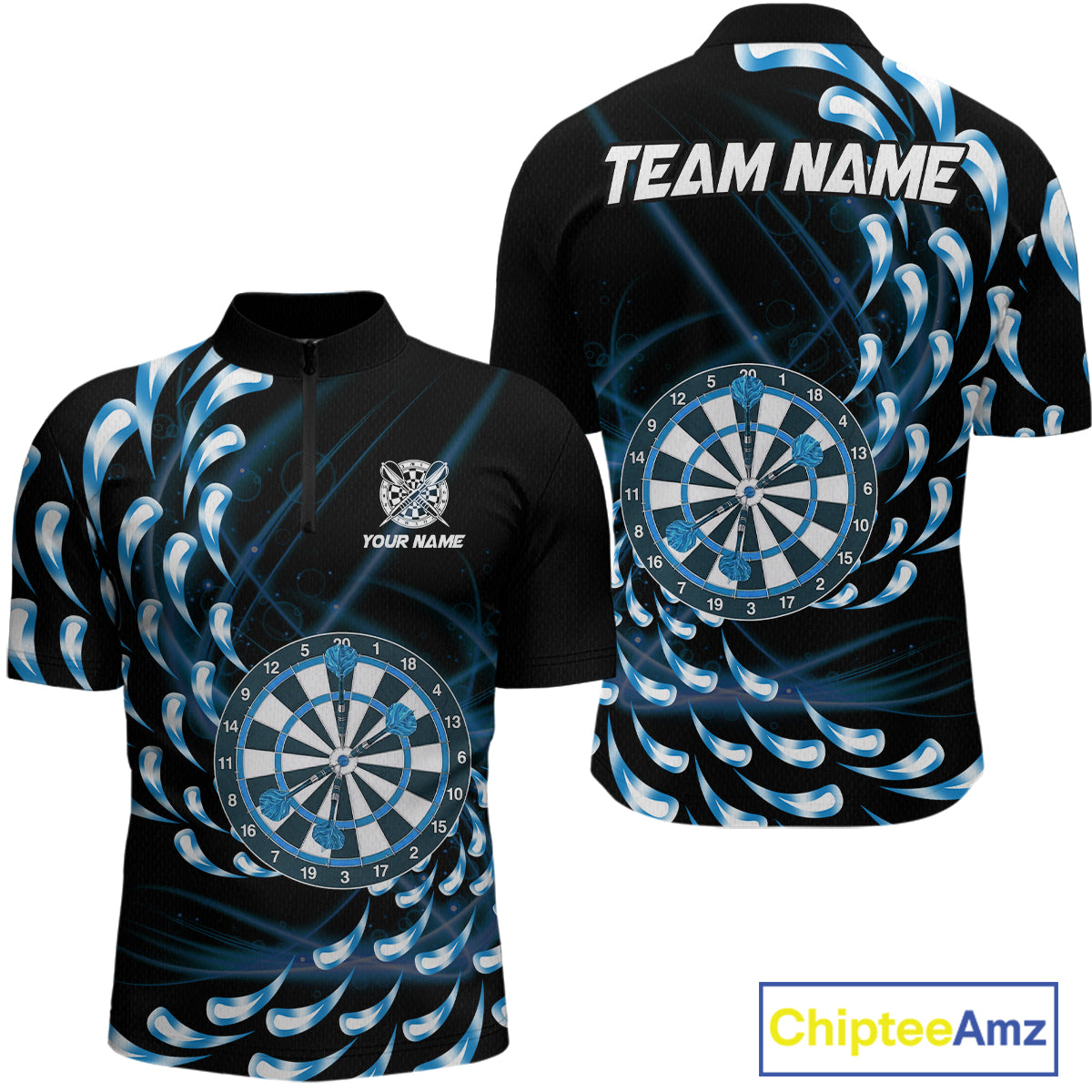 Custom Blue Water Dart Shirts for Men Polo & 1/4 Zip Dart Team Jersey Dartboard Shirt DHT32