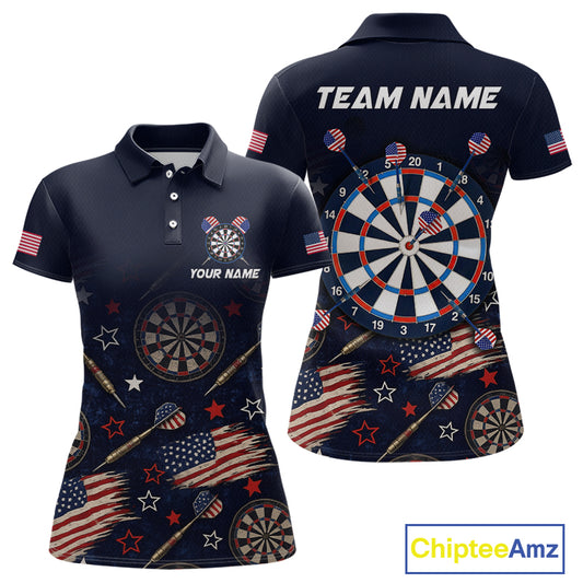 Front and back view of a custom navy dart polo shirt featuring a distressed American flag graphic with personalized team name and player name.