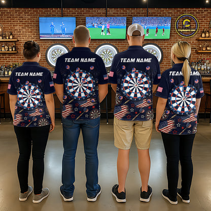 Four people standing with their backs to the camera in a bar setting, wearing matching navy blue short-sleeve shirts with a large dartboard graphic, American flag motifs, and 'TEAM NAME' printed across the upper back.