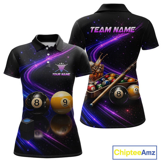 A black short-sleeve polo shirt shown from the front and back, featuring a cosmic space print with purple neon streaks, billiard balls, a pool rack, and customizable text reading 'TEAM NAME' and 'YOUR NAME'.