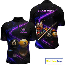 Load image into Gallery viewer, Black short-sleeve quarter-zip polo shirt shown from front and back with a galaxy pool-themed print. The front features a purple and blue cosmic swirl design with billiard balls and placeholder text reading 'YOUR NAME'.