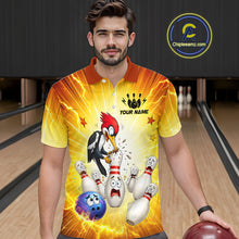 Load image into Gallery viewer, Man wearing a vibrant bowling-themed shirt with a woodpecker design in a bowling alley.