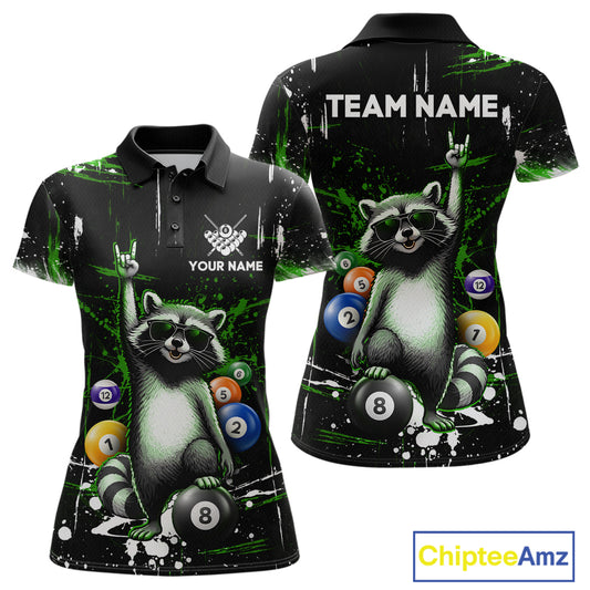 Custom Green Funny Raccoon Billiard Shirt for Women 8 Ball Pool Billiard Jersey Polo & 1/4-Zip BHT5