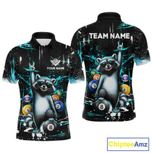 Load image into Gallery viewer, Custom Turquoise Funny Raccoon Billiard Shirt for Men 8 Ball Pool Billiard Jersey Polo &amp; 1/4-Zip BHT5