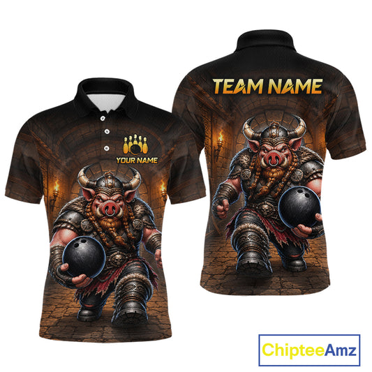 Custom Viking Pig Bowling Shirt Black & Brown Funny Bowling Jersey for Men Polo & Quarter-Zip QZT1226