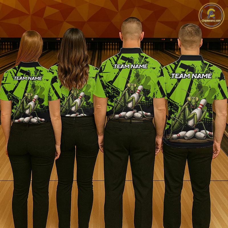 Four people standing with their backs to the camera on a bowling alley, wearing matching bright green and black bowling shirts with a bowling pin graphic and 'TEAM NAME' text on the back.