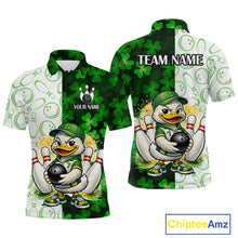 Load image into Gallery viewer, Custom Green Funny Duck Bowling Team Shirt for Men Lucky Clover St Patrick Day Bowling League Outfit QZT861