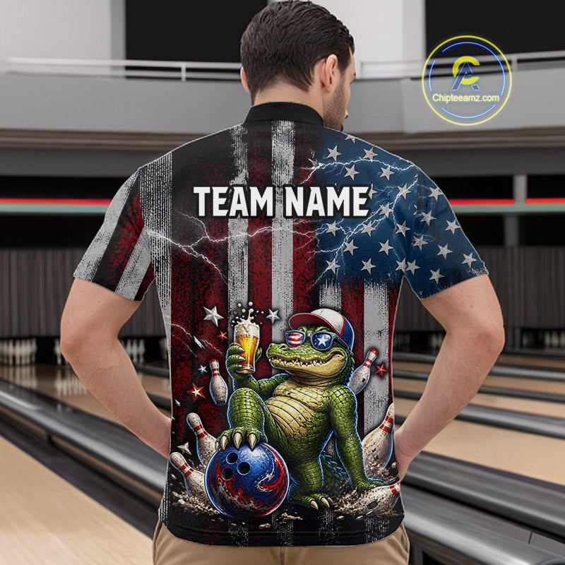 Custom American Flag Funny Beer Bowling Shirt for Men Patriotic Bowling Jersey Polo & 1/4-Zip QZT1023