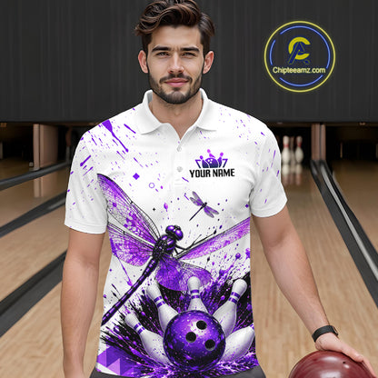 Custom Purple and White Dragonfly Bowling Shirt for Men Bowling Team Jersey Bowling Outfit QZT1209