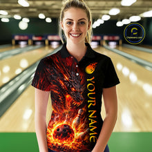 Load image into Gallery viewer, Woman wearing a bowling shirt with a dragon design in a bowling alley.