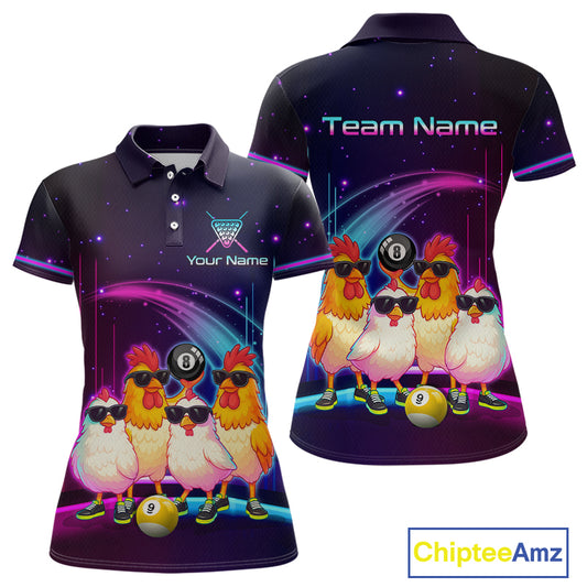 Front and back views of a custom short-sleeve polo shirt featuring a colorful cosmic space background with cartoon chickens wearing sunglasses and playing billiards. The shirt includes customizable text placeholders 'Team Name' and 'Your Name'.