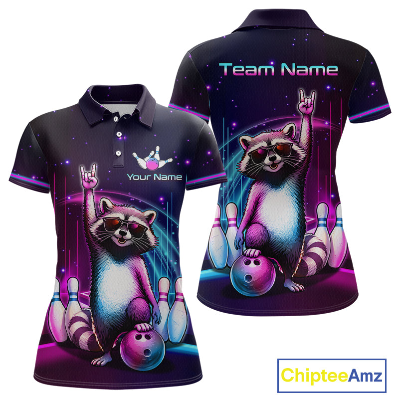 Custom short-sleeve polo shirt shown from the front and back, featuring a colorful graphic of a raccoon bowling with bowling pins and balls on a purple and blue starry background. The shirt has placeholder text 'Your Name' and 'Team Name' for personalization, and a 'ChipteeAmz' logo in the bottom right corner.